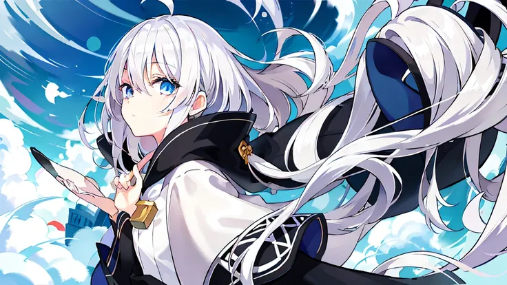 Above the clouds,Girl with white hair,Anime style 4k,white haired Cangcang,Perfect white haired girl,clean and meticulous anime art