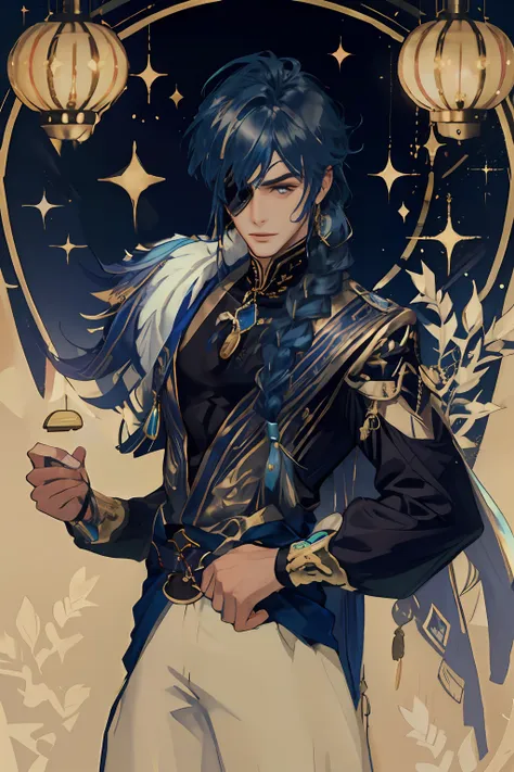 kaeya, 1male, solo man, handsome young man, blue hair, braid, eyepatch, black and blue clothes, peacock accessories, golden jewe...