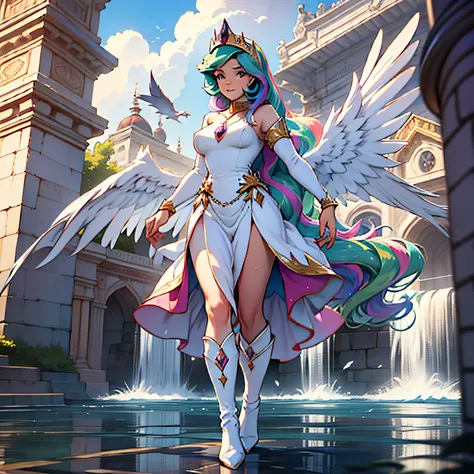 celestial man, princess celestia from my little pony, princess celestia in the form of a girl, big breasts, crisp breasts, crisp...