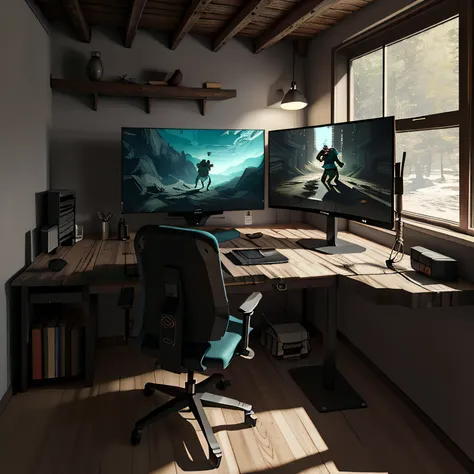 uma sala de jogos com elegante, rustic and minimalist design, with a high-tech multi-monitor gaming setup, rgb lighting that pro...