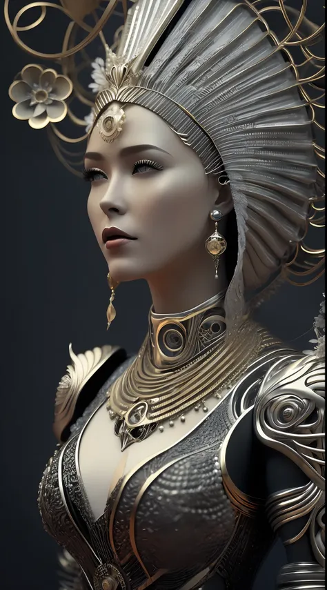 photore，sportrait，complex 3d rendering of beautiful and fascinating biomechanical female robot，has a porcelain finish、simulating...