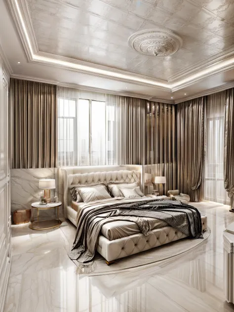 modern bedroom design, neoclassical style, image layout following the outline, 1 bed, 1 tab, 1 dressing table, 1 white curtain, ...