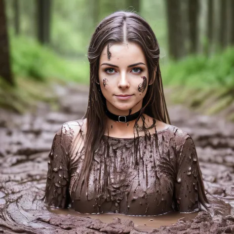 hyperrealistic photograph of a woman in a white wedding dress splattered with mud, long white satin gloves, choker white dirty w...