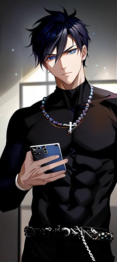 close-up of a person holding a cell phone in a room, handsome anime pose, beads cross onbare chest, male anime character, as an ...