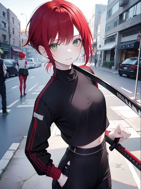 girl with red hair, short hair, ponytail, green eyes, wearing a black techwear, carrying a katana, modern city scene in ruins