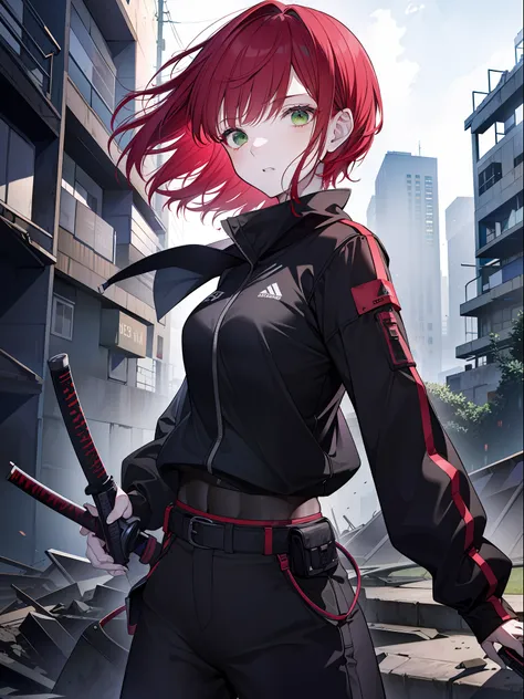 girl with red hair, short hair, green eyes, serious face, wearing a black techwear, carrying a katana, modern city scene in ruin...