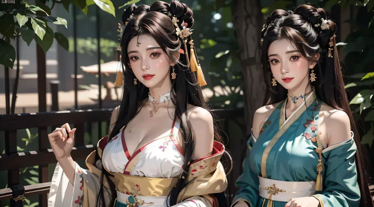 2females，huge breasts，brunette color hair，ssmile，（hanfu），hanfu，（open your clothes），redlip，耳nipple ring，florals，hair adornments，j...