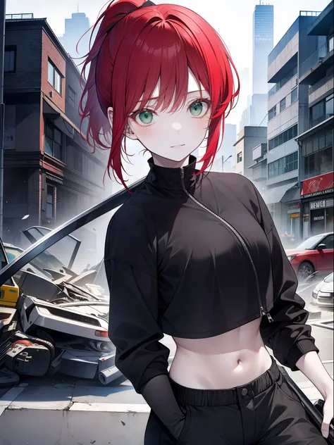 girl with red hair, short hair, ponytail, green eyes, wearing a black techwear, carrying a katana, modern city scene in ruins