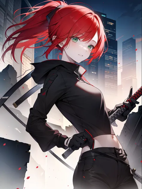 girl with red hair, short hair, ponytail, green eyes, wearing a black techwear, carrying a katana, modern city scene in ruins