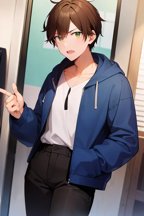 casual guy with brown hair, green eyes, blue hoodie with white shirt underneath, black pants