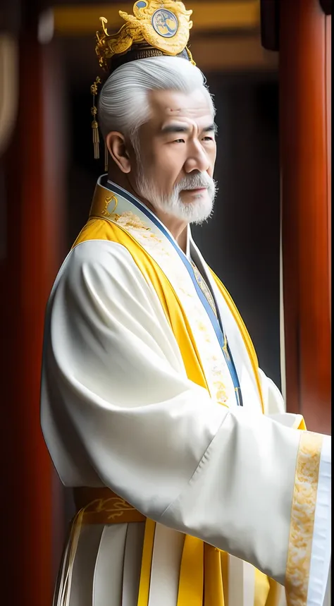 Masterpiece, Highest quality, (solofocus),, (High detail: 1.1),dojo,Yellow robe, Man, chinese crown, 1人,and white hair,超高分辨率 , Detailed background, realisticlying, wearing a detailed and intricate xianxia antique outfit