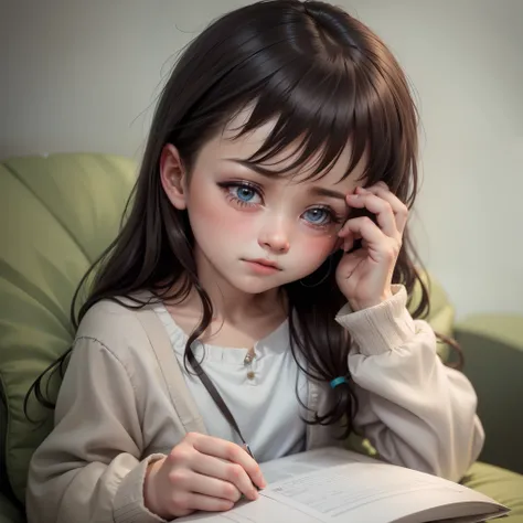 little girl crying while reading something on phone