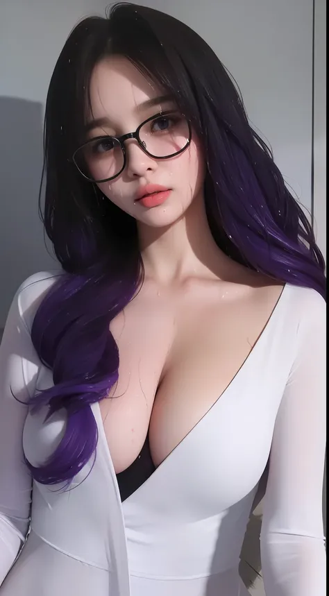 ((Very nice woman completely undressed)), ((in black open shirt: 1.5)), ((underwear), 40k, photography, masterpiece, best quality, gray background, ((purple eyes)), (purple hair), she wears glasses on her beautiful face, white skin, in a variety of poses, ...
