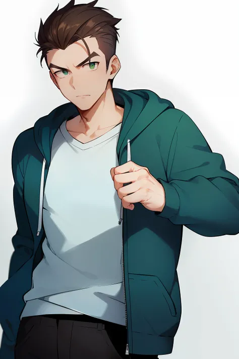 casual guywith brown hair quiff, green eyes, open blue hoodie with white shirt underneath, black pants, detailed eyes