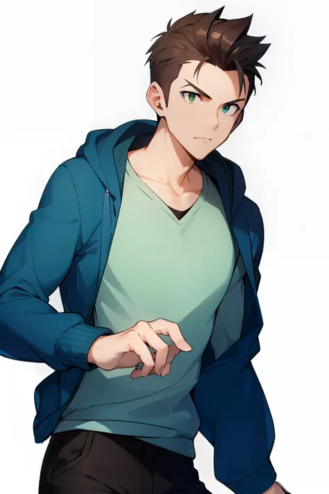 casual guywith brown hair quiff, green eyes, open blue hoodie with white shirt underneath, black pants, detailed eyes