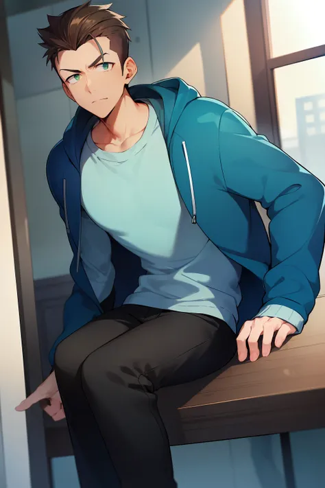 casual guywith brown hair quiff, green eyes, open blue hoodie with white shirt underneath, black pants, detailed eyes