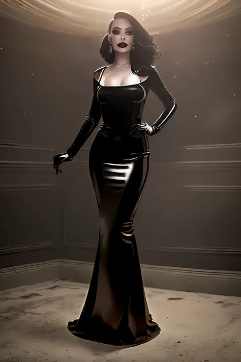 high quality raw photo, excellent composition, Front View, Full Body, Head to Feet, Photoshoot, Bombshell, scary vampire girl, black magic, Inna in Lipstick ,((Wearing Tight Slim Super Long Deep Black Shiny Metallic Vampire Latex Mermaid Long Gown ))(cinem...