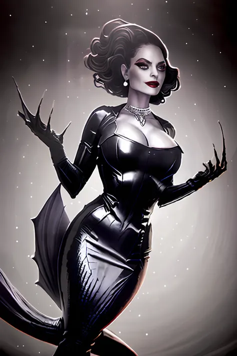high quality raw photo, excellent composition, Front View, Full Body, Head to Feet, Photoshoot, Bombshell, scary vampire woman, black magic, Lipstick ,((Wearing Tight Slim Super Long Deep Black Shiny Metallic Vampire Latex Mermaid Long Gown ))(cinematic li...