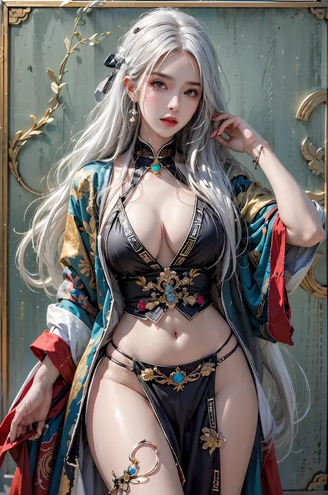 photorealistic, high resolution, 1women, solo, hips up, look at viewer, (detailed face), white hair, long hair, colorful taoist ...