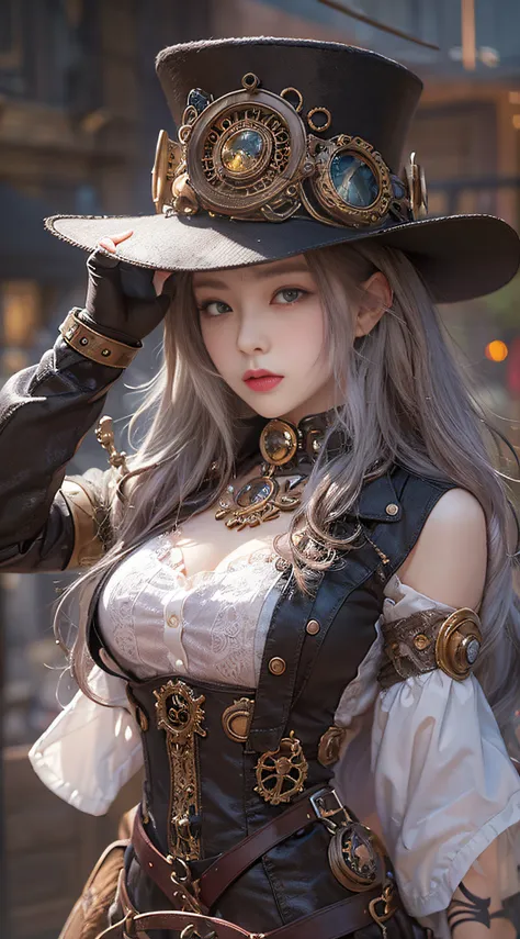 lady of alafed – steampunk costume and hat pose, steampunk beautiful anime woman, by yang j, guweiz on artstation pixiv, stunnin...