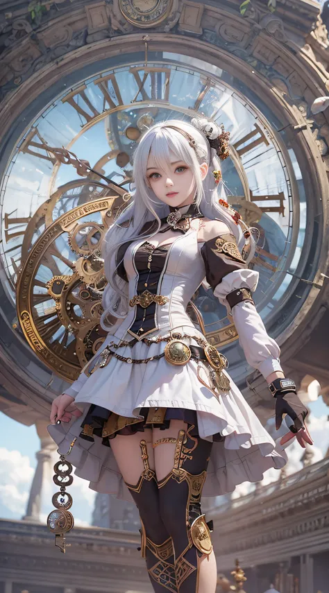 anime girl with white hair and steampunk costume standing in front of the clock tower, steampunk beautiful anime woman, steampun...