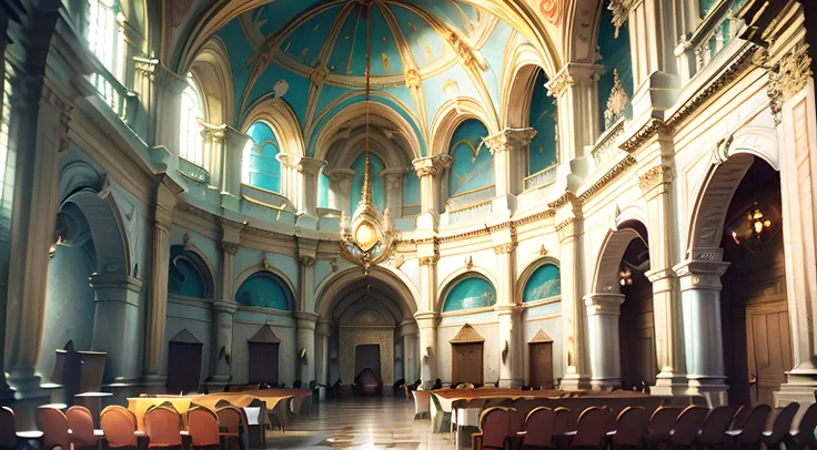 baroque frescoes，painted ceiling，chies，the façade is made of rose glass windows，it is surrounded by catholic frescoes