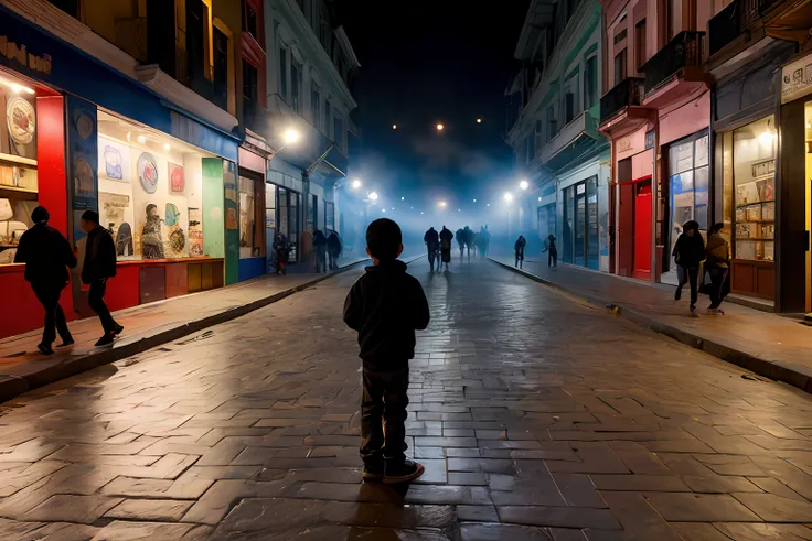 shadowy analog photo of ((one children)), observing the window of a toy store with the lights on (vista de tres cuartos), (en la...