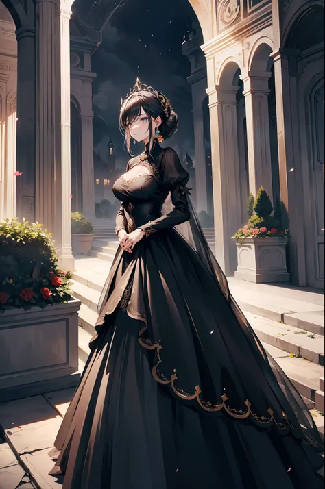 The most beautiful rose bush imaginable and an incredibly elegant young woman, superbly hairstyled, Espectacularmente maquillada y con un vestido deslumbrantemente en colores dorados, negros y grises fabuloso. In a dream garden on a magical night. (obra ma...