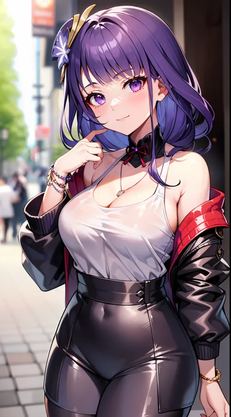 raiden_genshin, a woman with beautiful long purple hair and dazzling purple eyes appears in a cool and stylish outfit. this woma...