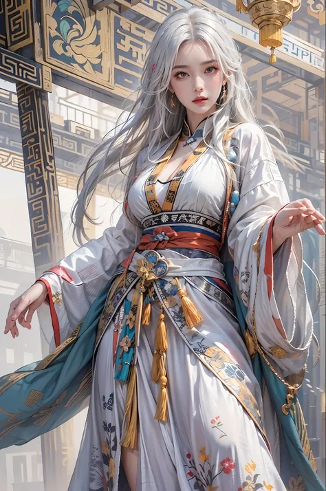 photorealistic, high resolution, 1women, solo, hips up, look at viewer, (detailed face), white hair, long hair, colorful taoist ...