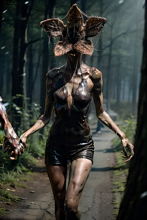 taylor swift and demogorgon, 2 people, hold hands, forest, 8k, ultrarealistic, looking at viewer, high res