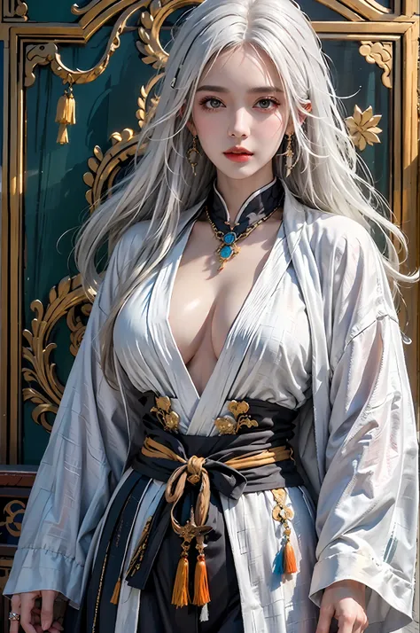 photorealistic, high resolution, 1women, solo, hips up, look at viewer, (detailed face), white hair, long hair, colorful taoist ...