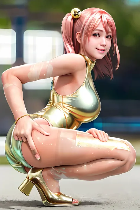 Top image quality、top-quality、8K picture quality、1girll、full body Esbian、honoka、A smile、embarrassed from、red blush、Beautiful pale pink hair、Colossal tits、(Gold Metallic:1.4)、(Sleeveless)、(High neck competitive swimsuit)、(highleg)、(Crotch penetration)、(pin ...