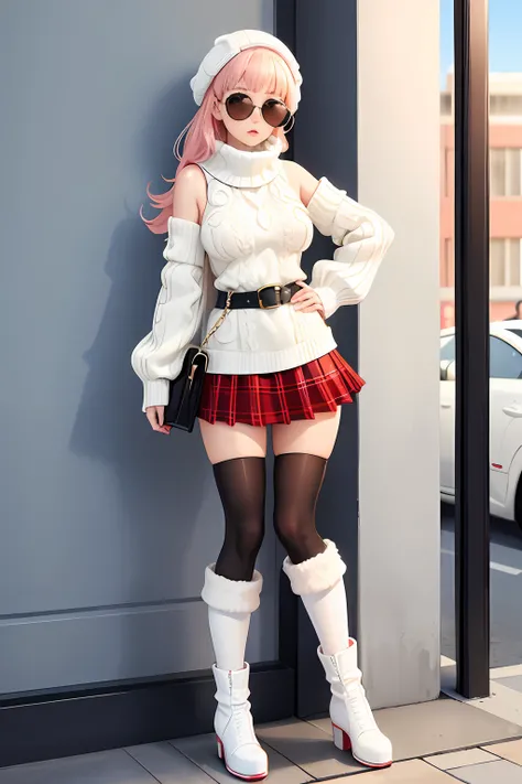 white sweater, aran sweater, cable knit, detached sleeves, plaid skirt, pleated skirt, red skirt, belt, black thighhighs, white footwear, boots crouch low dip low twerking showcasing her swagger  hip hop sunglasses