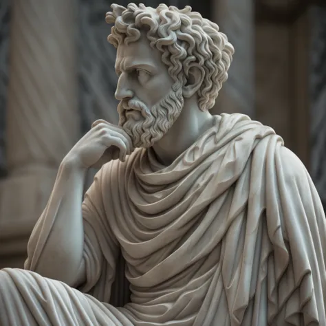 a realistic greek white marble statue of marcus aurelius thoughtful detailed wearing a ghostly toga, fundo neutro, moody, , foto...