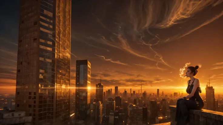 (masterpiece), (best quality:1.4), absurdres, [:intricate details:0.2], cityscape ruins in the style of cyberpunk dystopia, a tied lonely woman,having a cigarette,((smoking,smoky:1.4)), hanging in air on a ledge of tall building.in the style of China punk ...