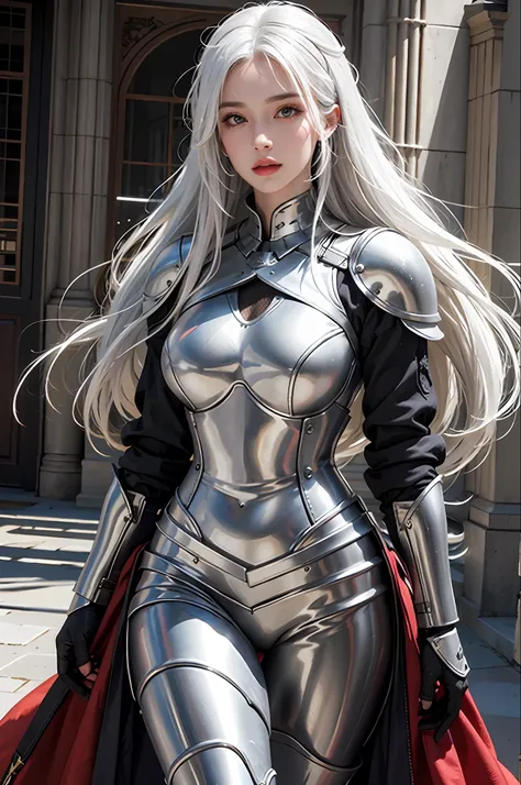 photorealistic, high resolution, 1women, solo, hips up, look at viewer, (detailed face), white hair, long hair, knight armor