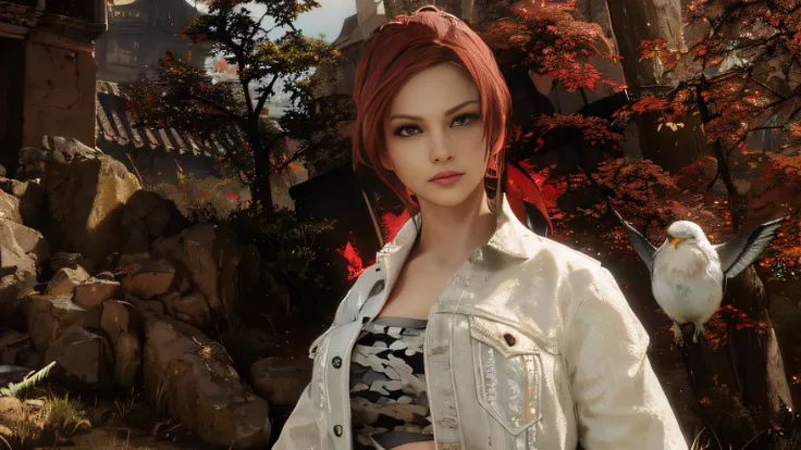 In front of the stone wall stands a woman with a bird, Square Enix Style of Play, Dead or Alive 6, New character, As a character in Tekken, 8 thousand. Character Details, hints of yayoi kasuma, Screenshot of the mod gameplay, Female Character, game cg, hig...