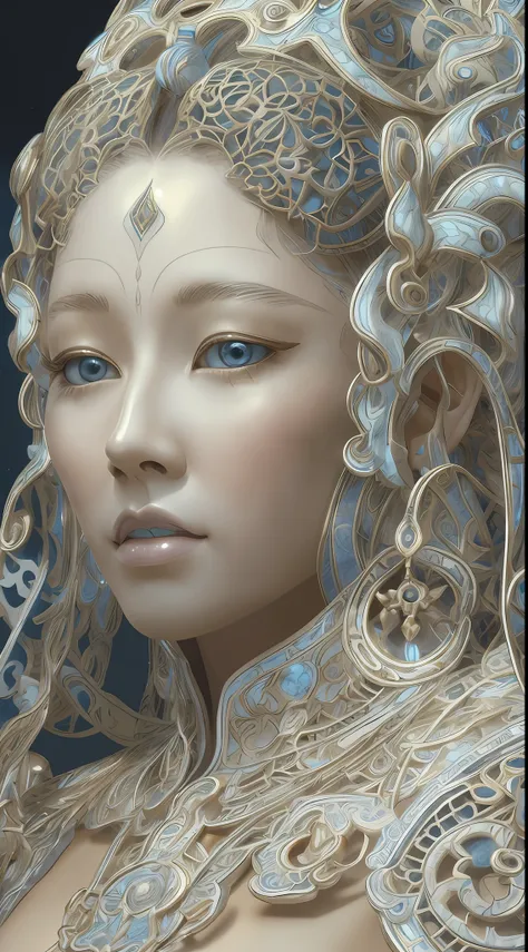 best qualtiy,tmasterpiece,超高分辨率,(realisticlying:1.4),absurderes,(Eye focus),(sface focus, Clear facial features),Complex 3d rendering of beautiful and charming biomechanical female porcelain figures,(((Has a porcelain finish)))、simulating、Beautiful natural...