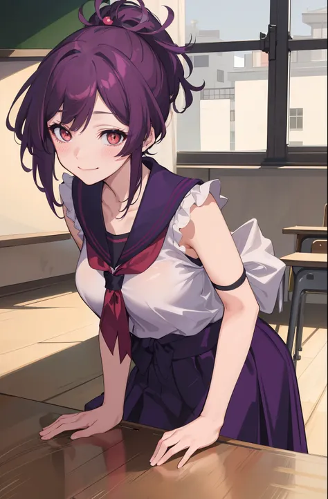 (1girl, solo), best quality, masterpiece, (leaning over to table:1.4), 1girl, yuzuriha_(jigokuraku), purple hair, brown eyes, small breasts, topknot, medium hair, breasts apart, seductive smile, (blush:1.1), japanese exterior, classroom, beautiful pose, (s...