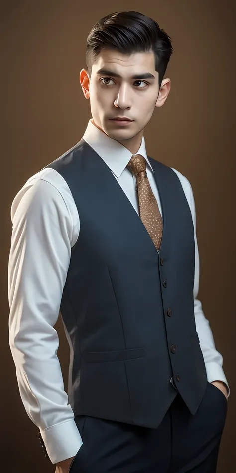 1人, Solo, Portrait of Habibnul Magomedov,Wear a style suit and suit vest and tie, Beard, Serious, Details, Realistic, Photography, The background is blurred out, soft focus,(Medium shot:1.4)brown background