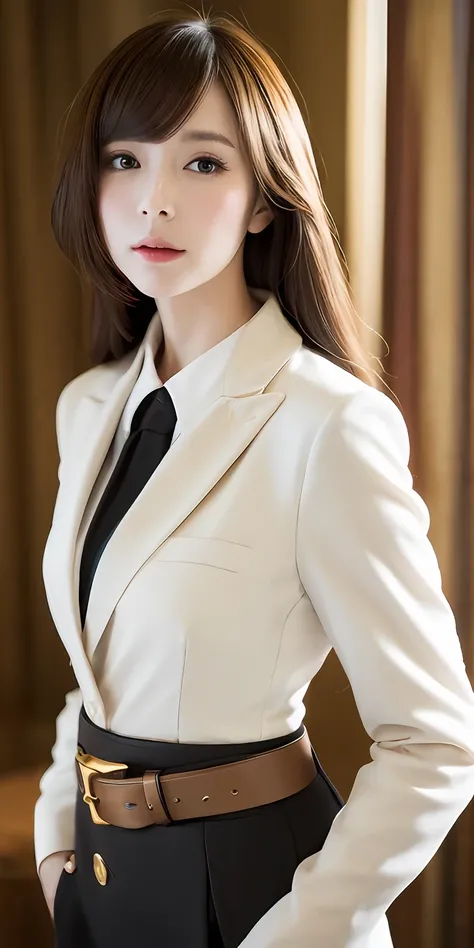 1人, Solo, Portrait of British golden girl in tunic white blazer dress, Gold belt,Delicate makeup, Details, Realistic, Photography, The background is blurred out, soft focus,(Medium shot:1.4)brown background,voluptuous figure