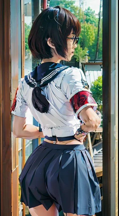 suzuka, girl, short hair, black hair, white seifuku shirt top, blue skirt, red armband, view from behind, pantyline, tight ass, ...