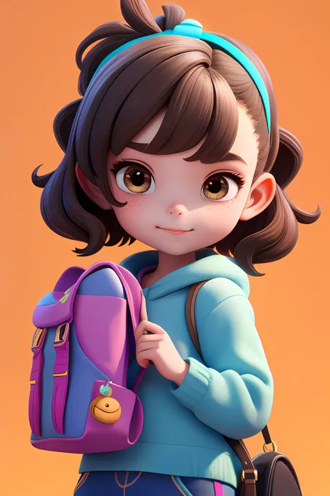 3DCHARACTER, 1 menina, barnet, sardas, hazelnut eyes, Jammers, (corpo inteiro: 1.2), fundo simples, obra-prima, melhor qualidade, (fundo gradiente) cabelos castanho brown. Feliz, cabelo curto, brown, mochila, escola, volta as aulas, estudando child