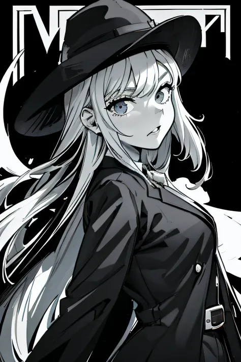 anime girl with long white hair wearing a black hat, marisa kirisame, black and white manga style, black and white manga, kirisa...