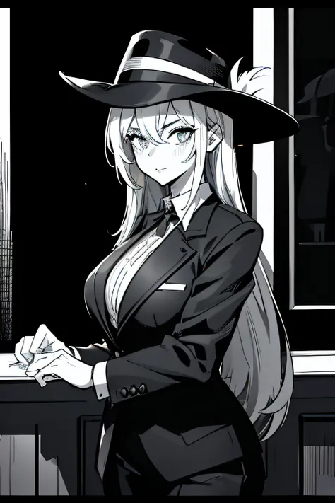 anime girl in black hat and black suit, flirty anime witch casting magic, marisa kirisame, noir detective and a fedora, from cry...