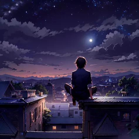 backview of a doctor boy sitting in the top of a roof. octans, sky, star (sky), scenery, starry sky, night, night sky, solo, out...