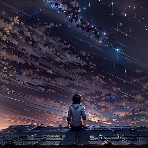 backview of a doctor boy sitting in the top of a roof. octans, sky, star (sky), scenery, starry sky, night, night sky, solo, out...