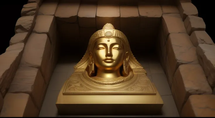 ((best quality)), ((masterpiece)), ((realistic)), A photograph of a petroglyph, rectilinear, rough stone texture, sunlit underground chamber of a temple, intricate maybe American symbols that seem to tell the story of an ancient deity, gold inlay, masterpi...