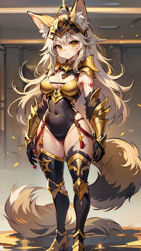 hot sexy furry fox girl wear gold bikini armor with darkness aura, full body